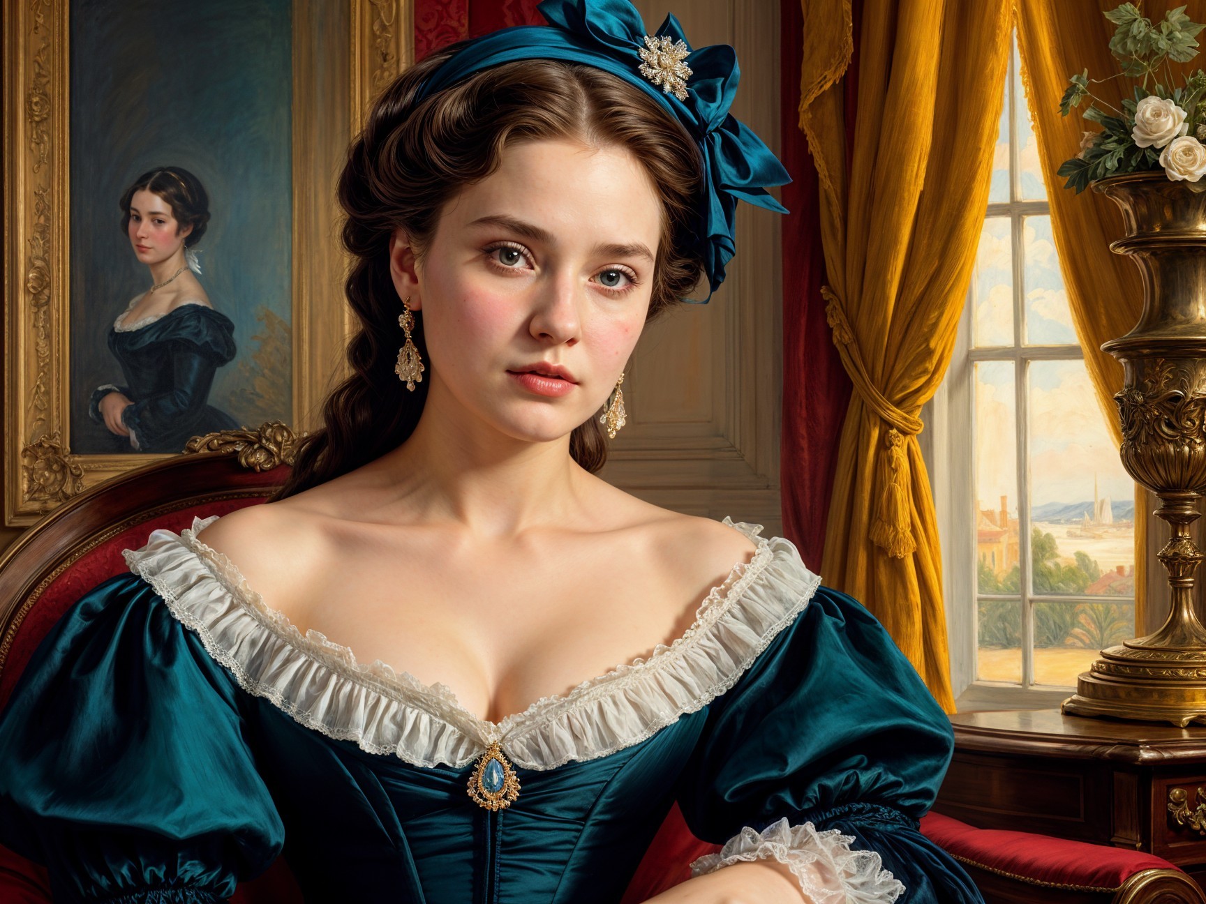 Elegant Woman in Teal Gown with Blue Bow in Opulent Room