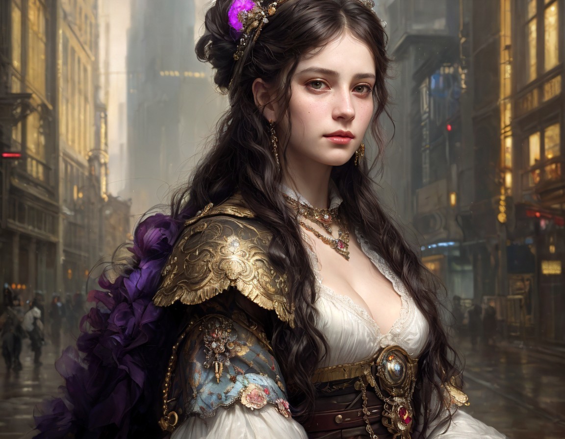 Elegant Woman in Modern Cityscape with Regal Fashion