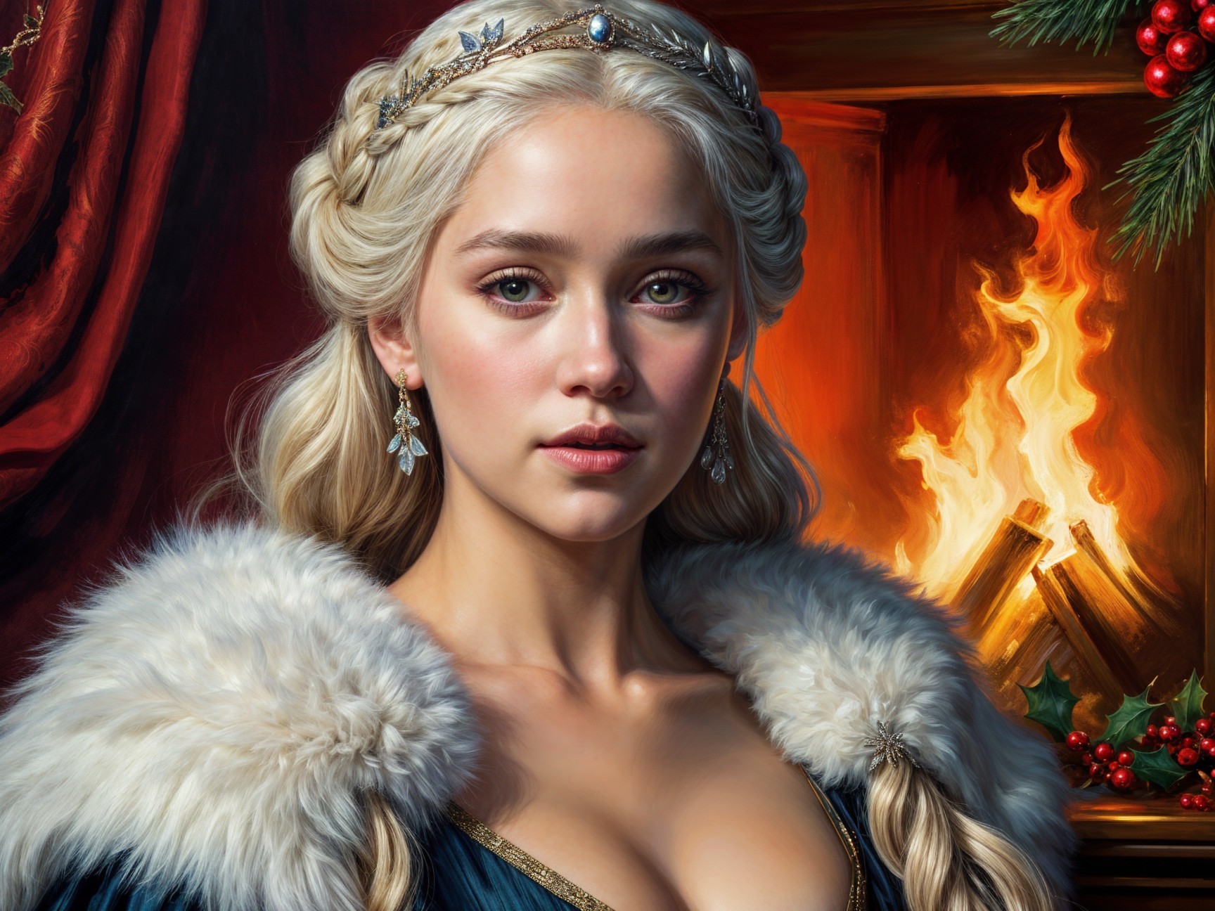Regal young woman by a cozy fireplace in blue gown