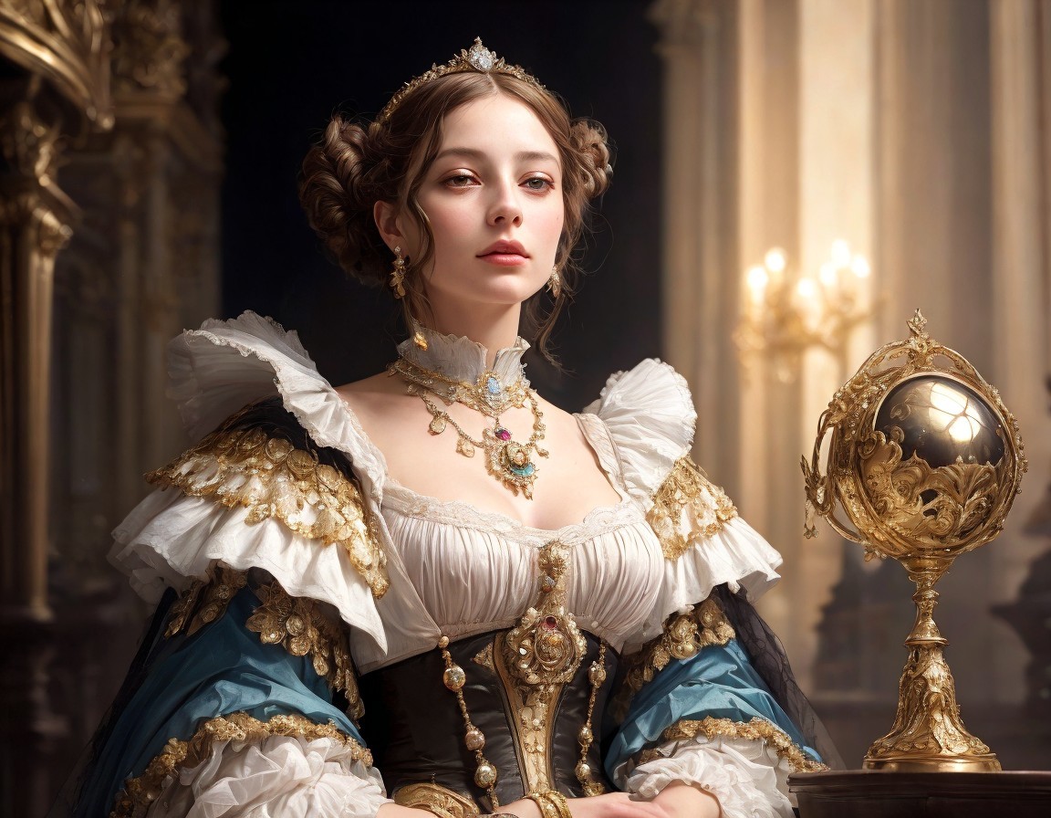 Regal Woman in Historical Dress with Gold Embellishments