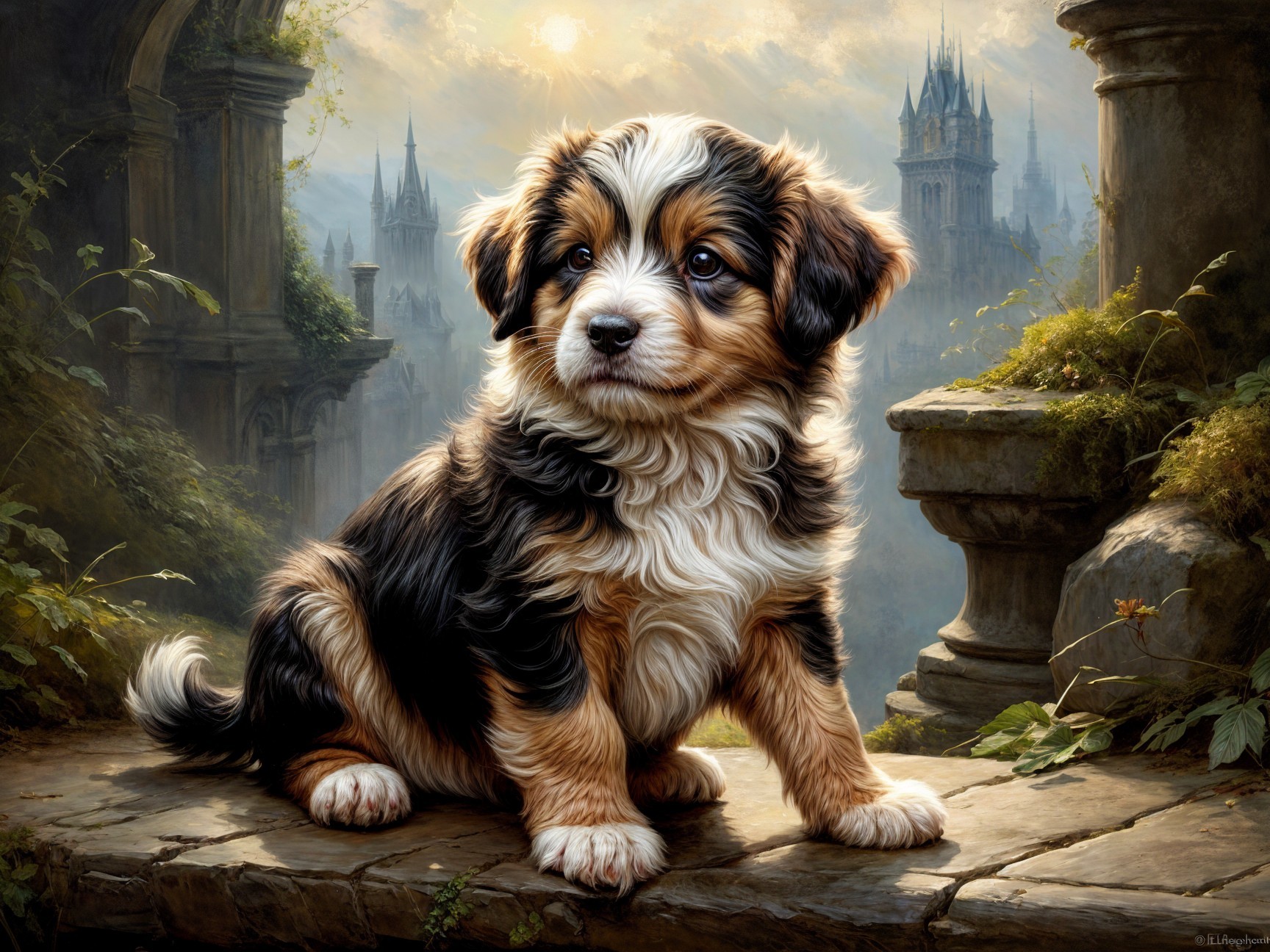 Fluffy Tri-Color Puppy on Stone Ledge with Castle