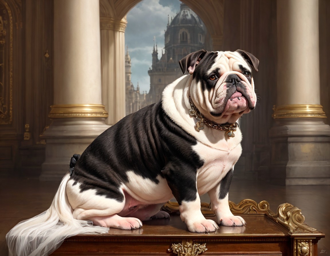Muscular Bulldog in Gold Chain Collar in Opulent Room