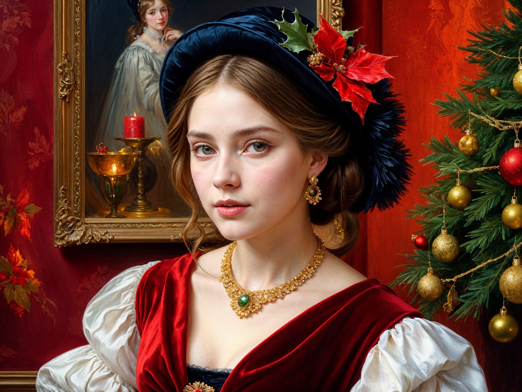 Young Woman in Red Gown with Holiday Decor Elements