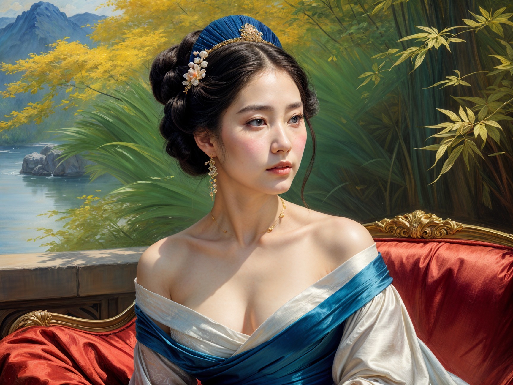 Young Woman in Elegant Gown on Red Couch with Nature