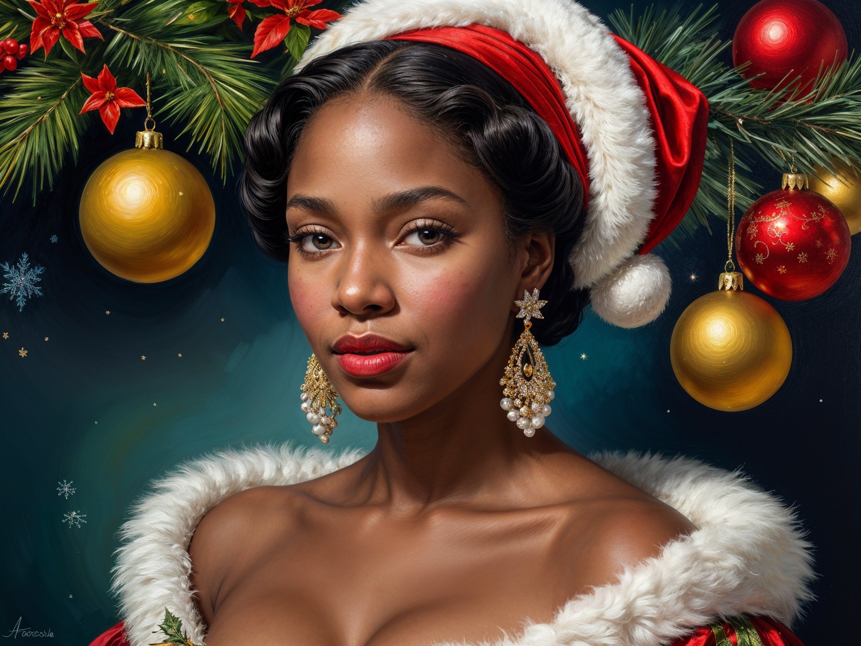 Festive Woman in Santa Hat and Holiday Decor