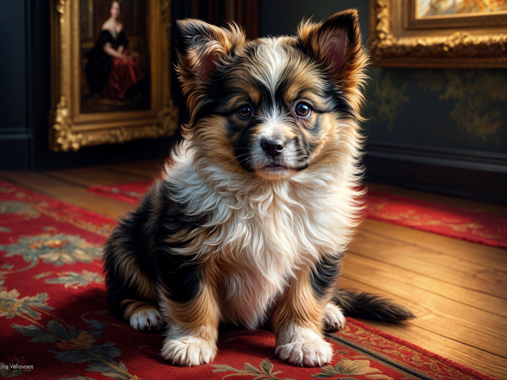 Playful puppy on patterned rug with gold-framed art