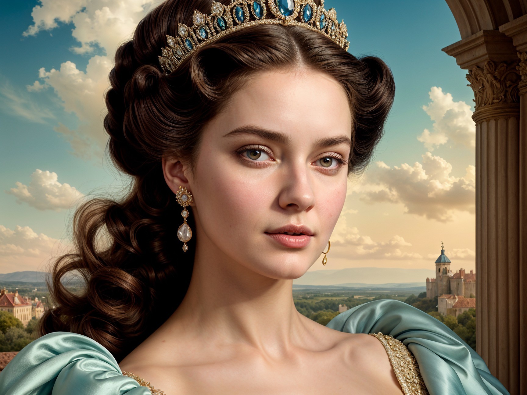 Regal Young Woman in Blue Gown with Castle Background