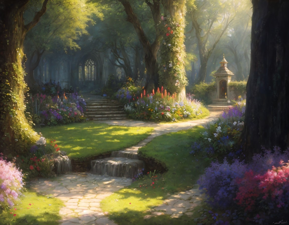 Tranquil garden with stone path, archway, and fountain