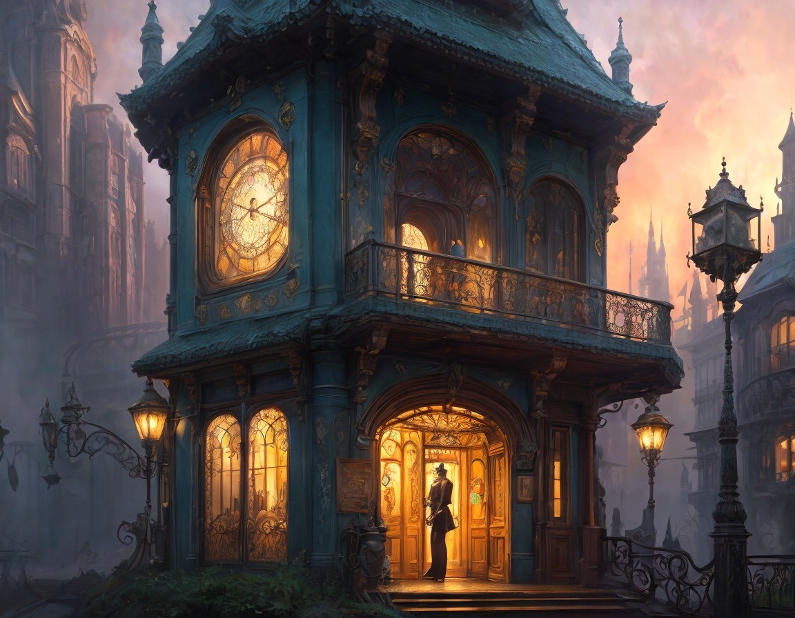 Whimsical Clock Tower in a Misty Landscape