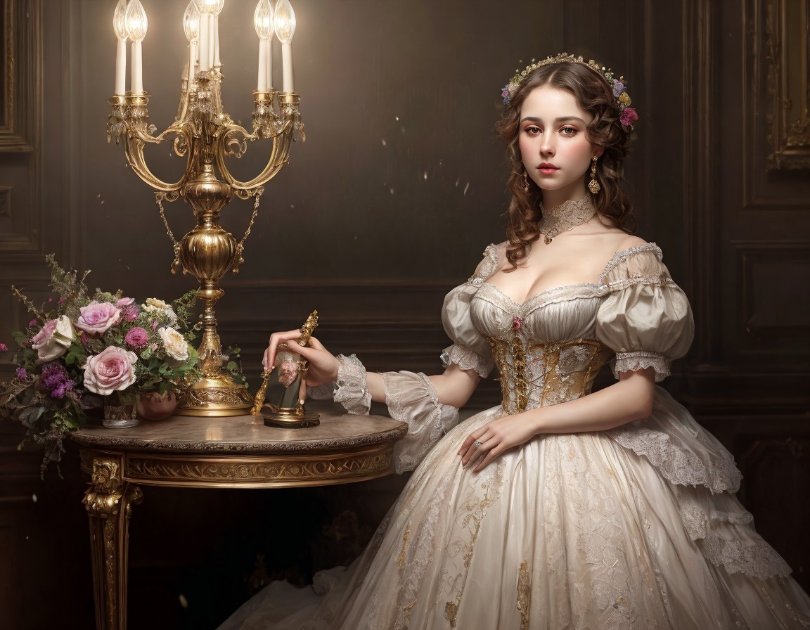 Elegant woman in vintage ball gown with floral headpiece and candelabra bouquet at table