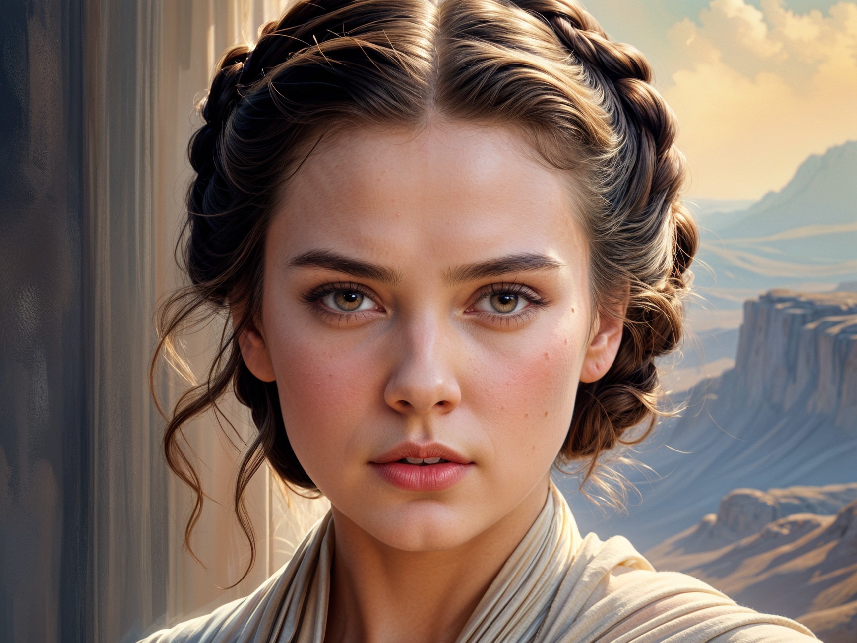 Young woman with braided hair in serene landscape
