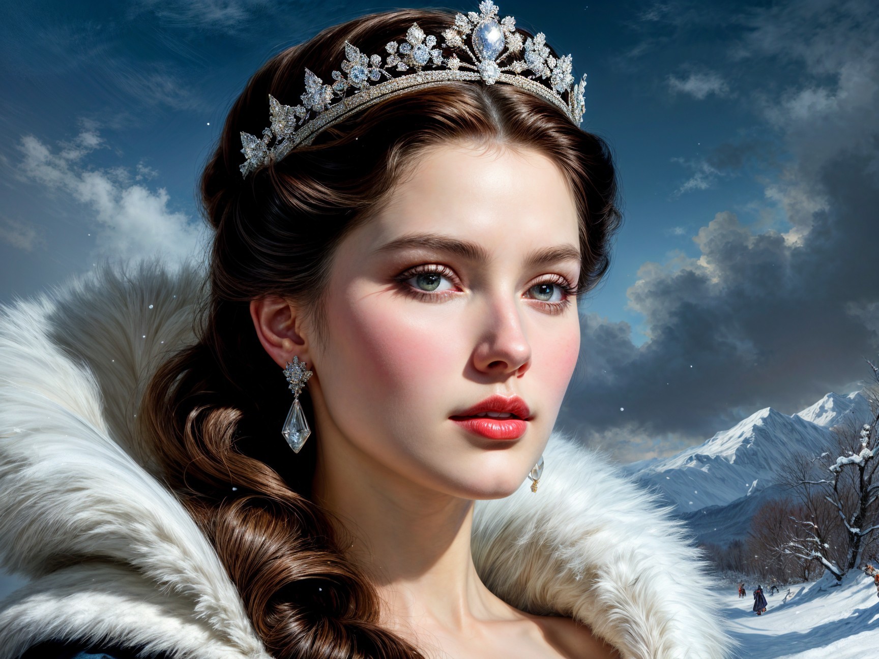 Regal Young Woman in Winter Landscape with Tiara