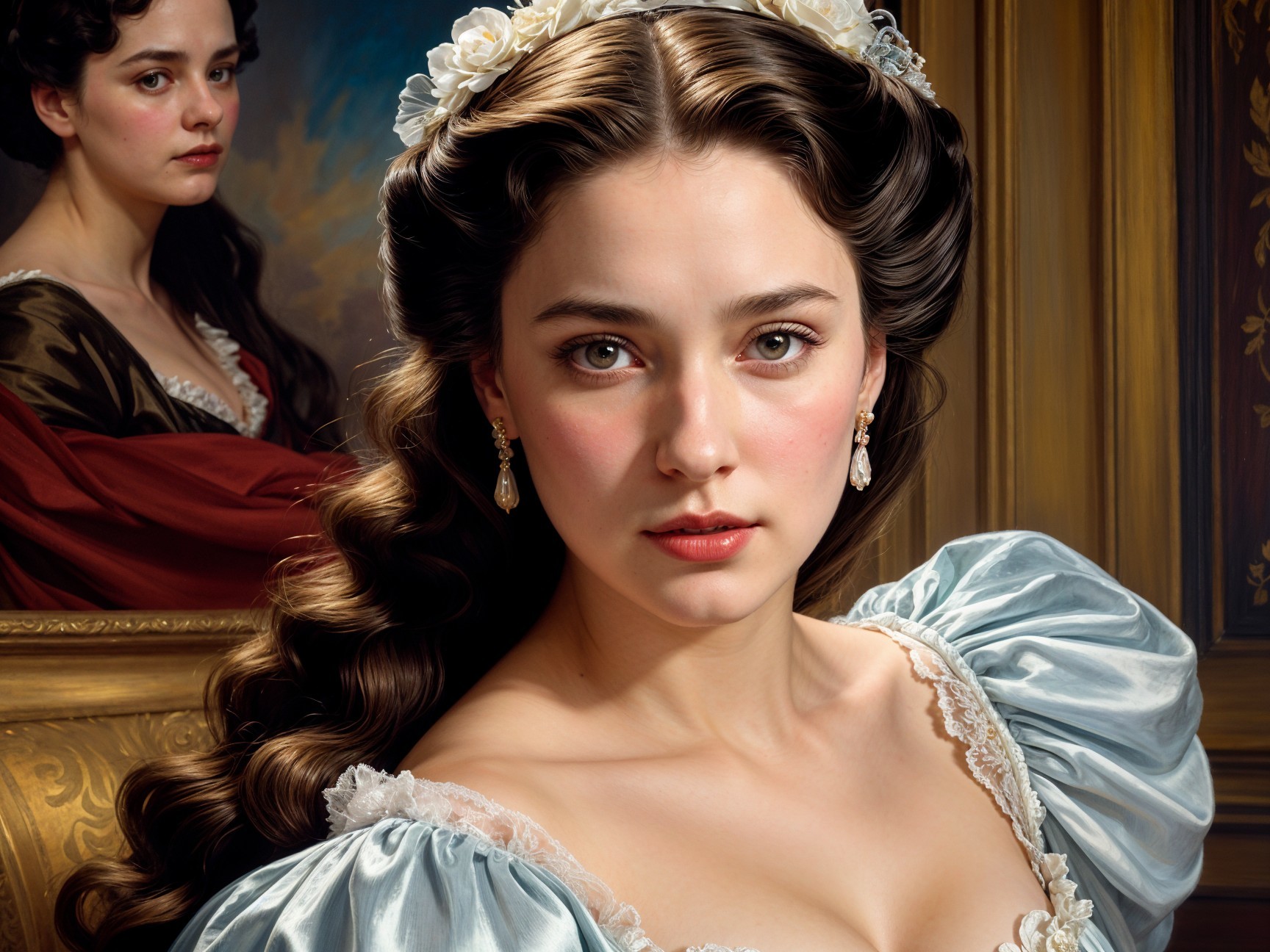 Young woman in blue dress with floral hair adornment