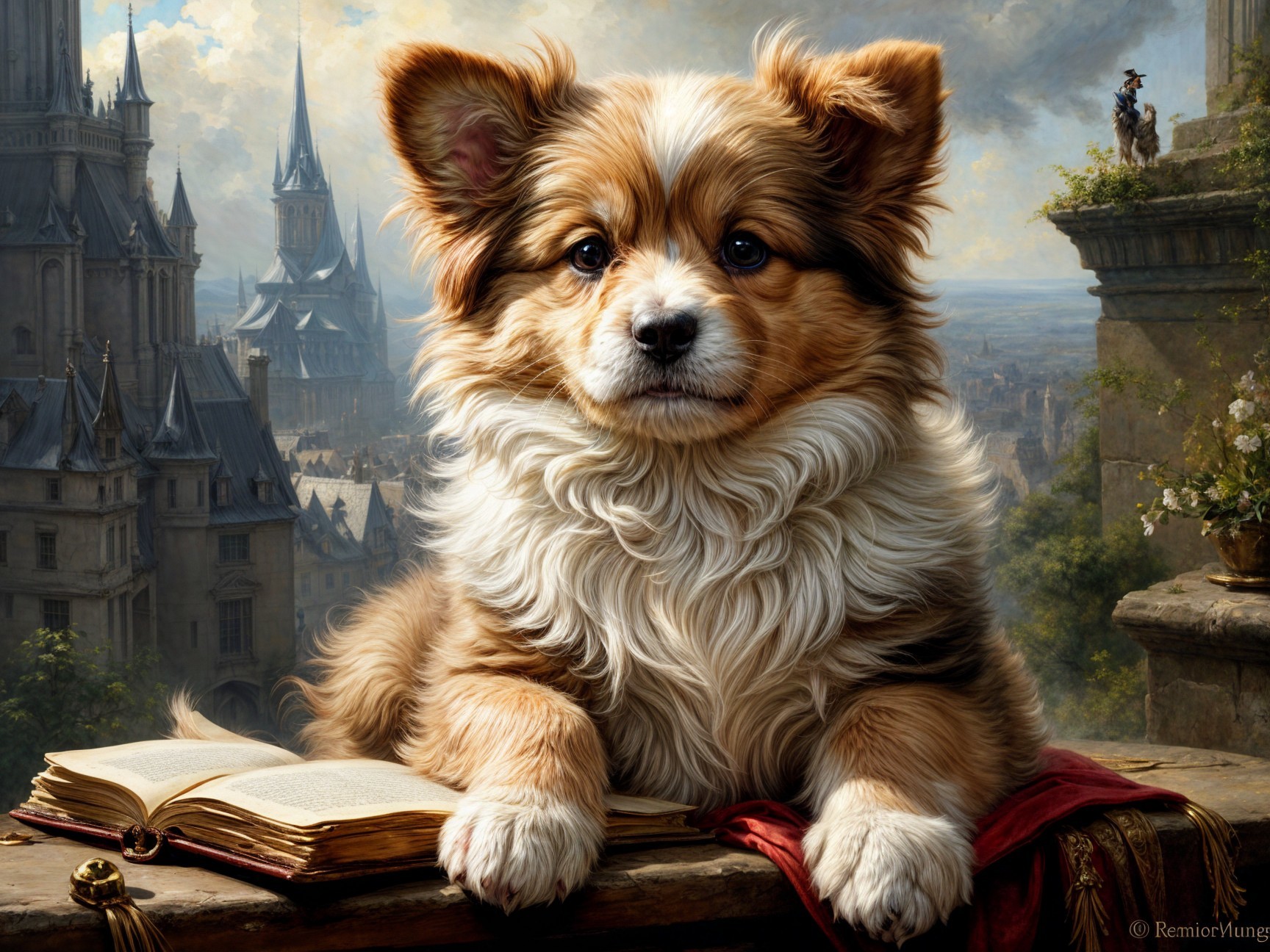 Fluffy Orange and White Dog on Stone Ledge with Book
