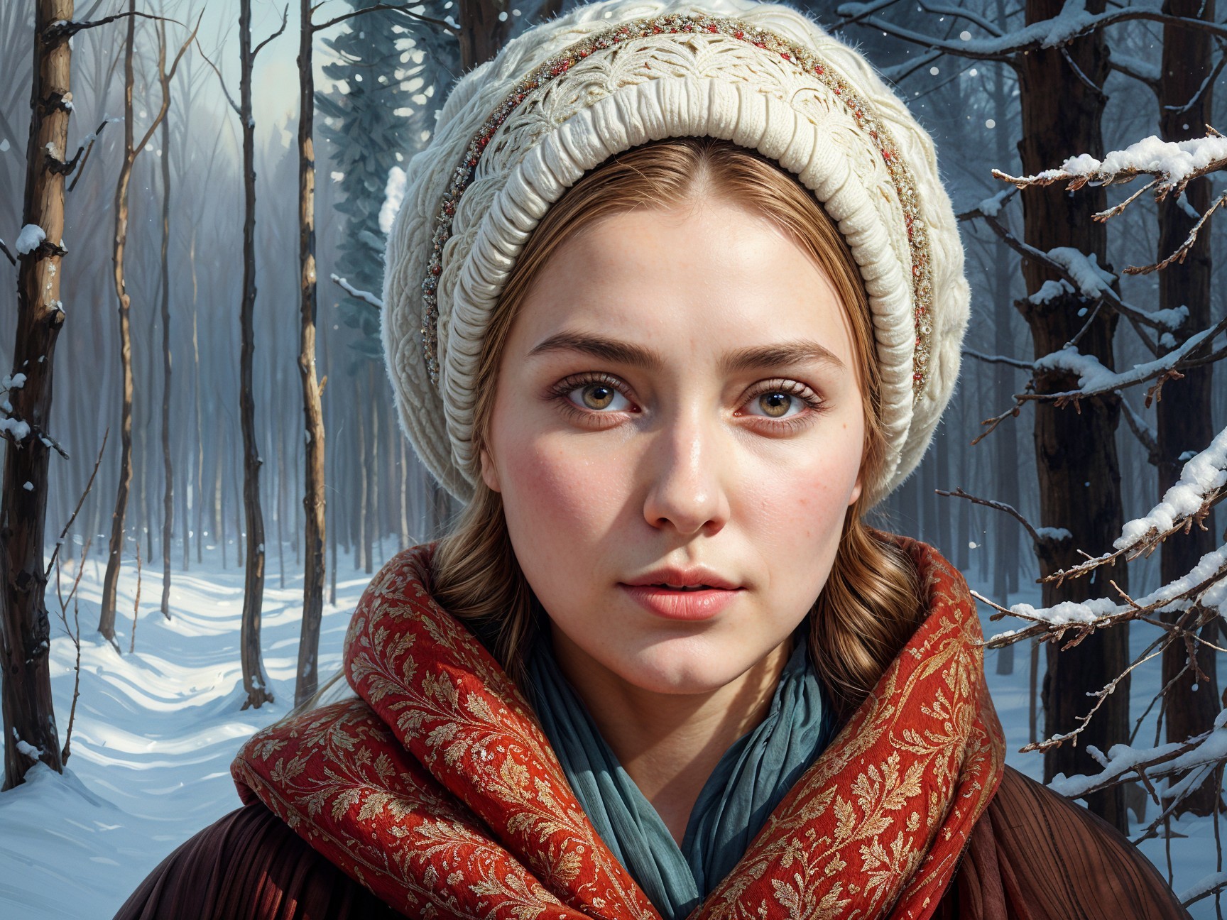 Young Woman in Snowy Forest with Warm Attire
