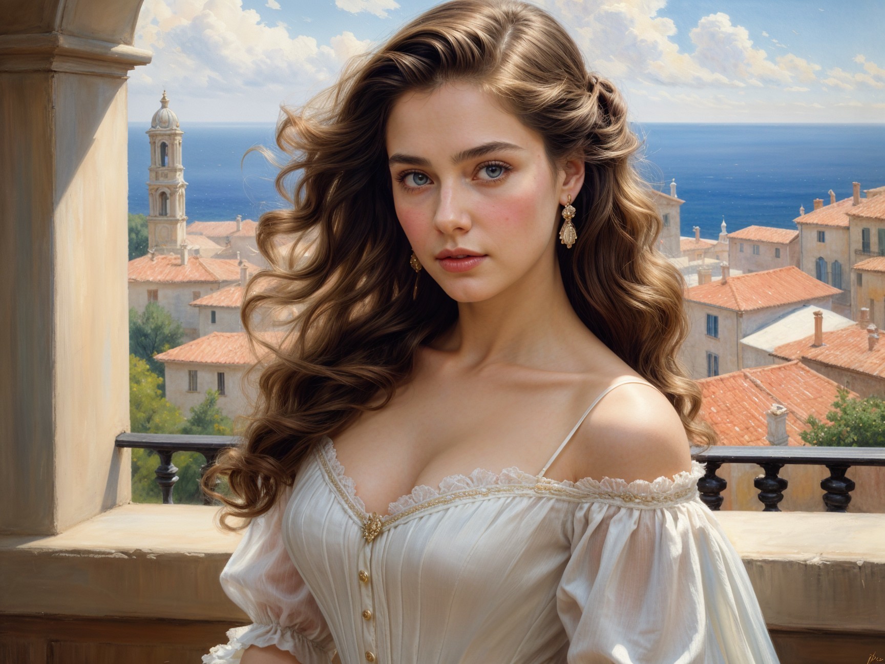 Young Woman in White Dress on Scenic Balcony