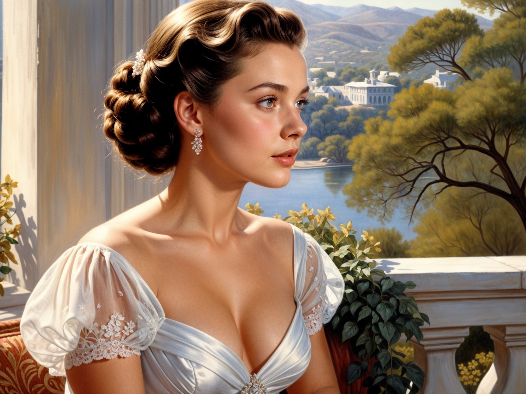 Profile of a woman in vintage blue gown by water