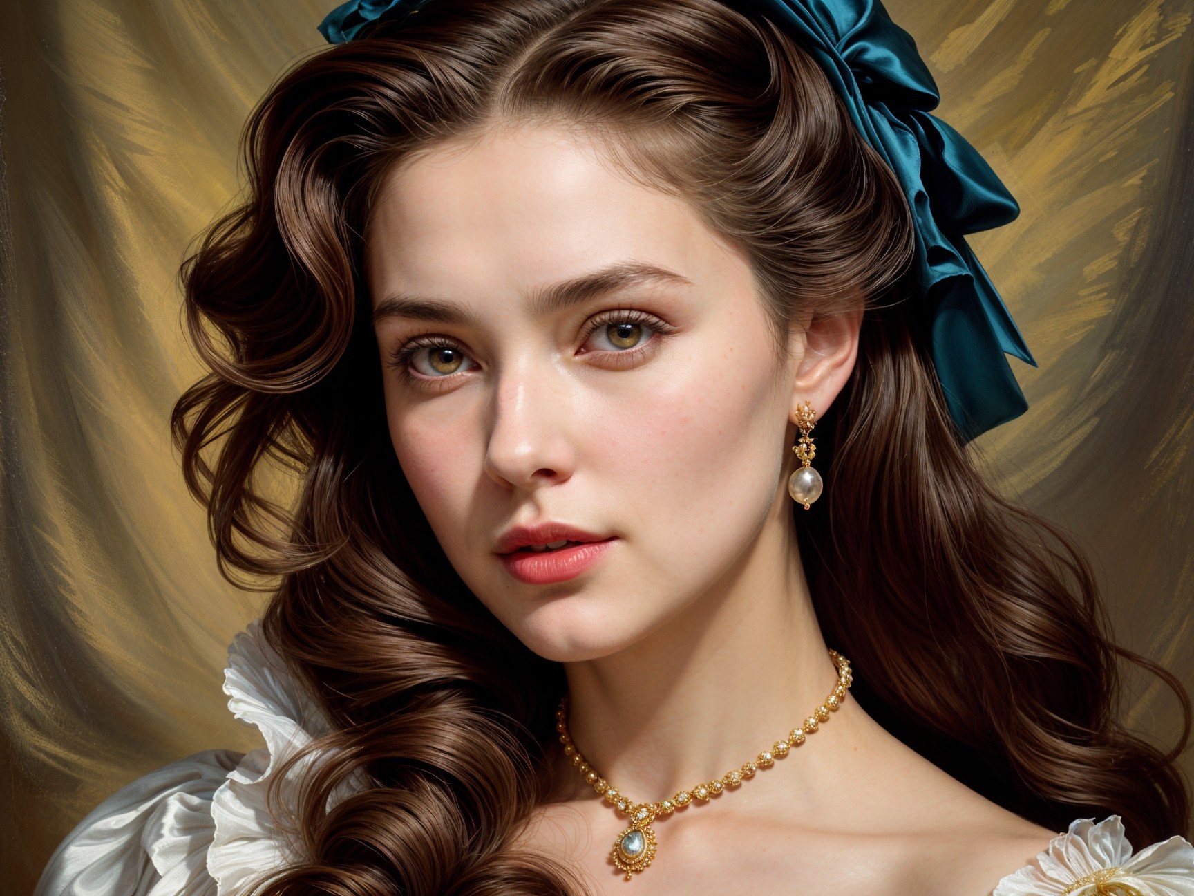 Young woman with brown hair and teal ribbon portrait