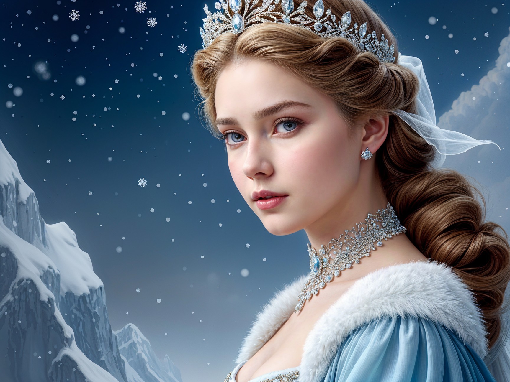 Regal Figure in Blue Gown Against Winter Backdrop