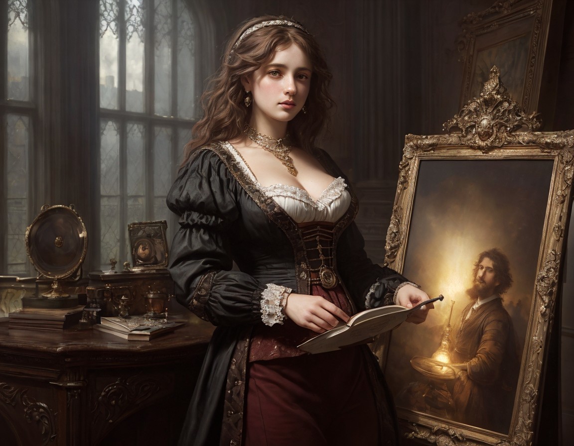 Woman in Historical Dress by Candlelit Mirror