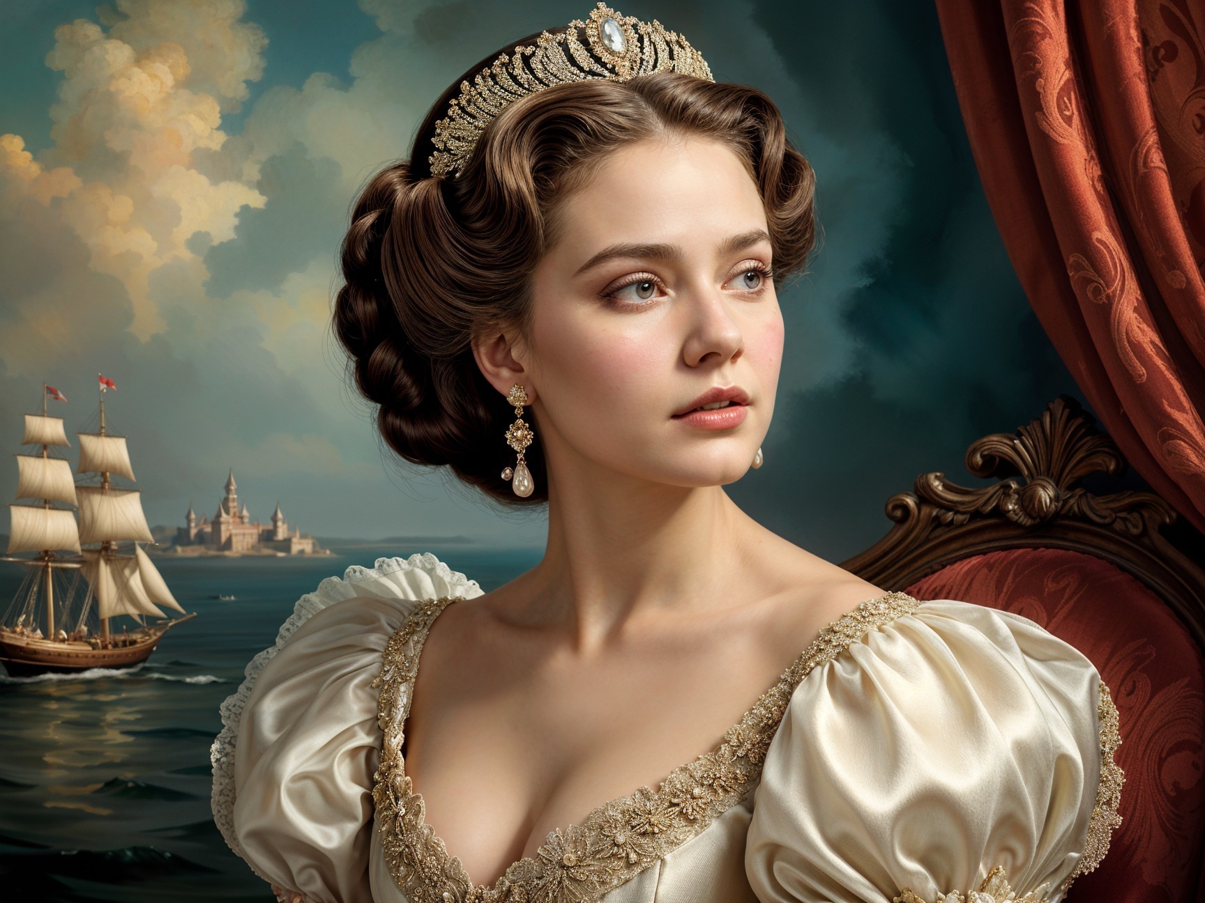 Elegant Vintage Gown with Serene Seascape Background