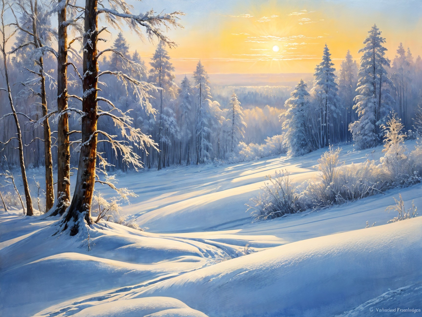 Serene Winter Landscape with Golden Sunrise Glow