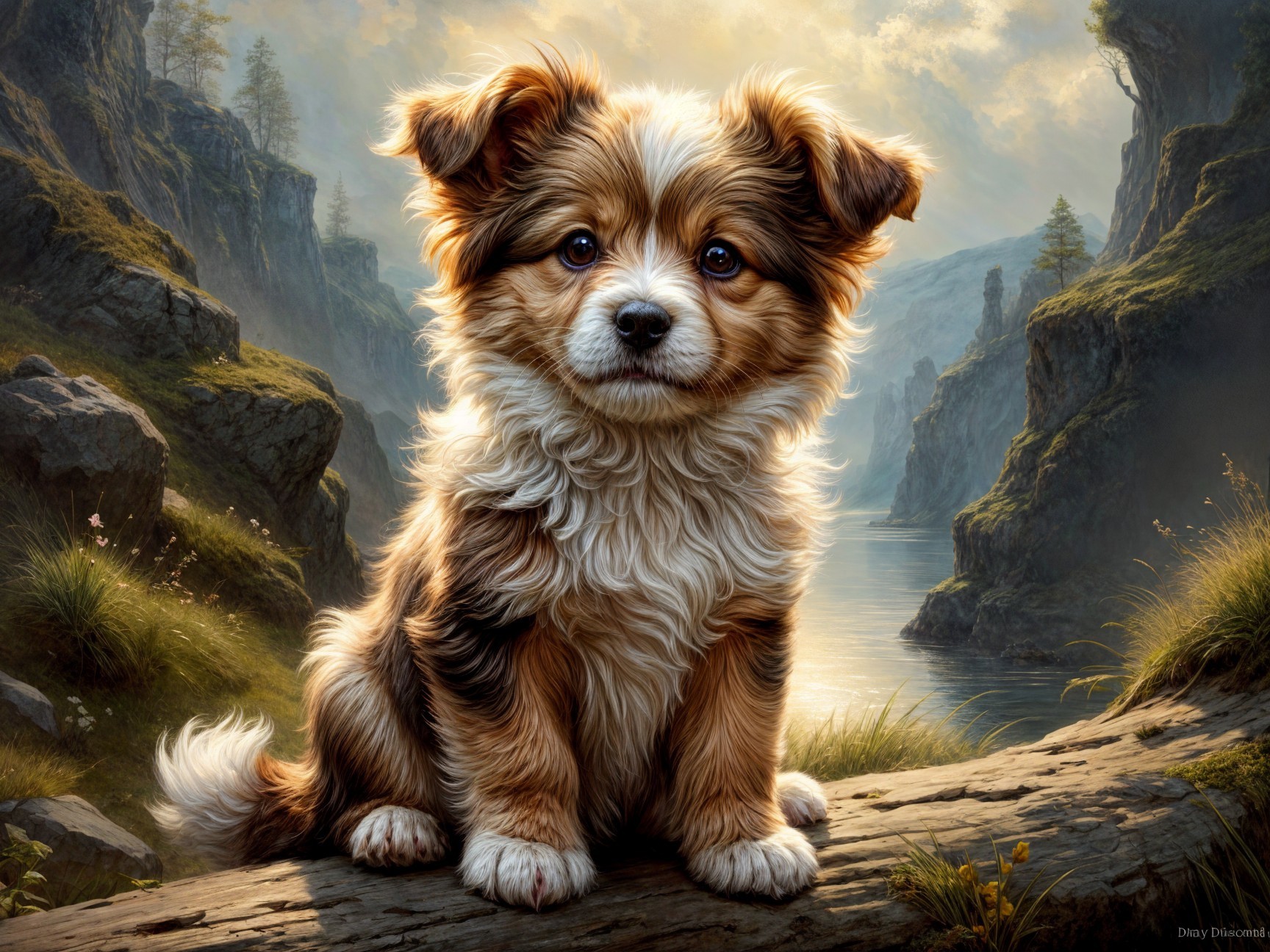 Fluffy Brown and White Puppy by a Serene River