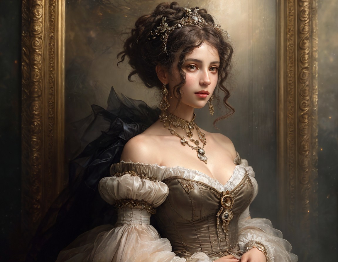 Elegant Woman in Vintage Dress with Ornate Jewelry