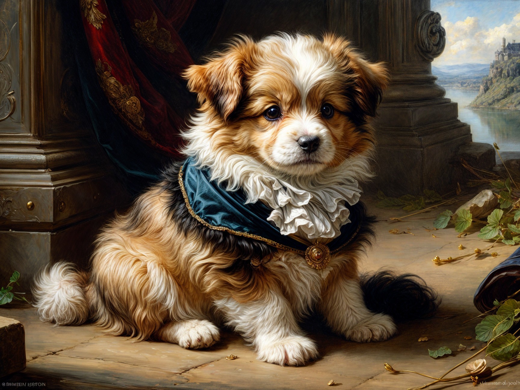 Fluffy Puppy with Blue Collar in Scenic Landscape