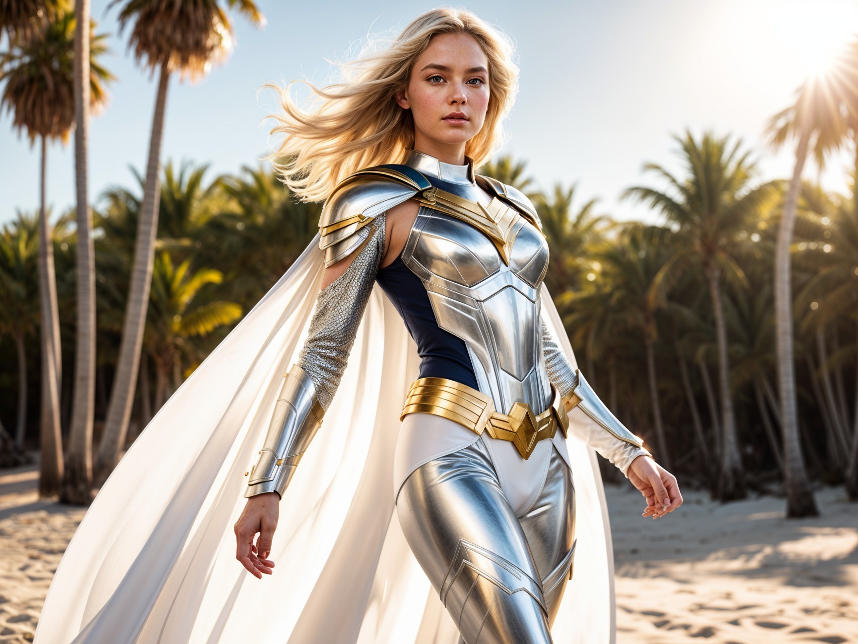 Heroic Figure in Silver Costume on Tropical Beach
