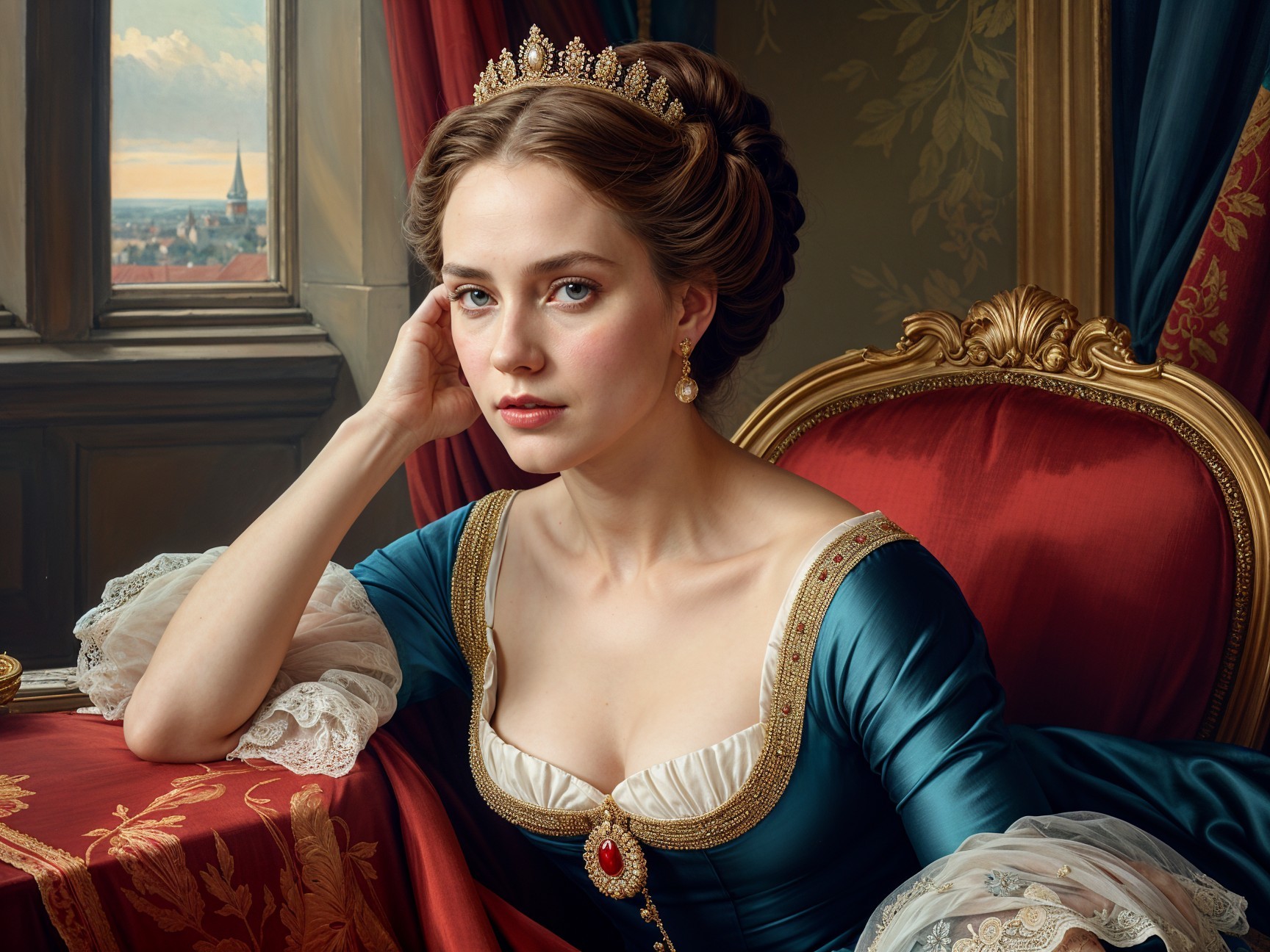Young woman in historical gown seated in luxurious interior