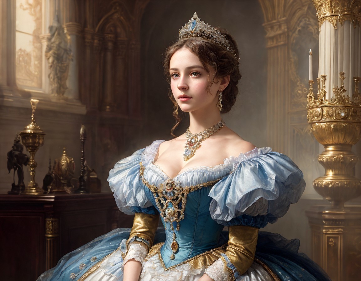 Regal woman in blue gown and tiara in opulent room