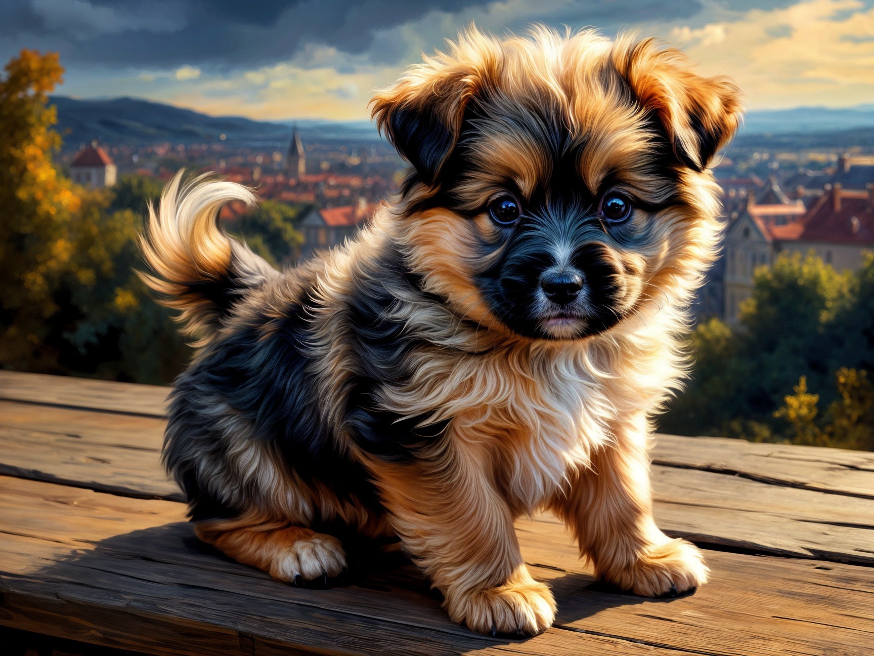 Fluffy Puppy on Wooden Surface with Scenic Background