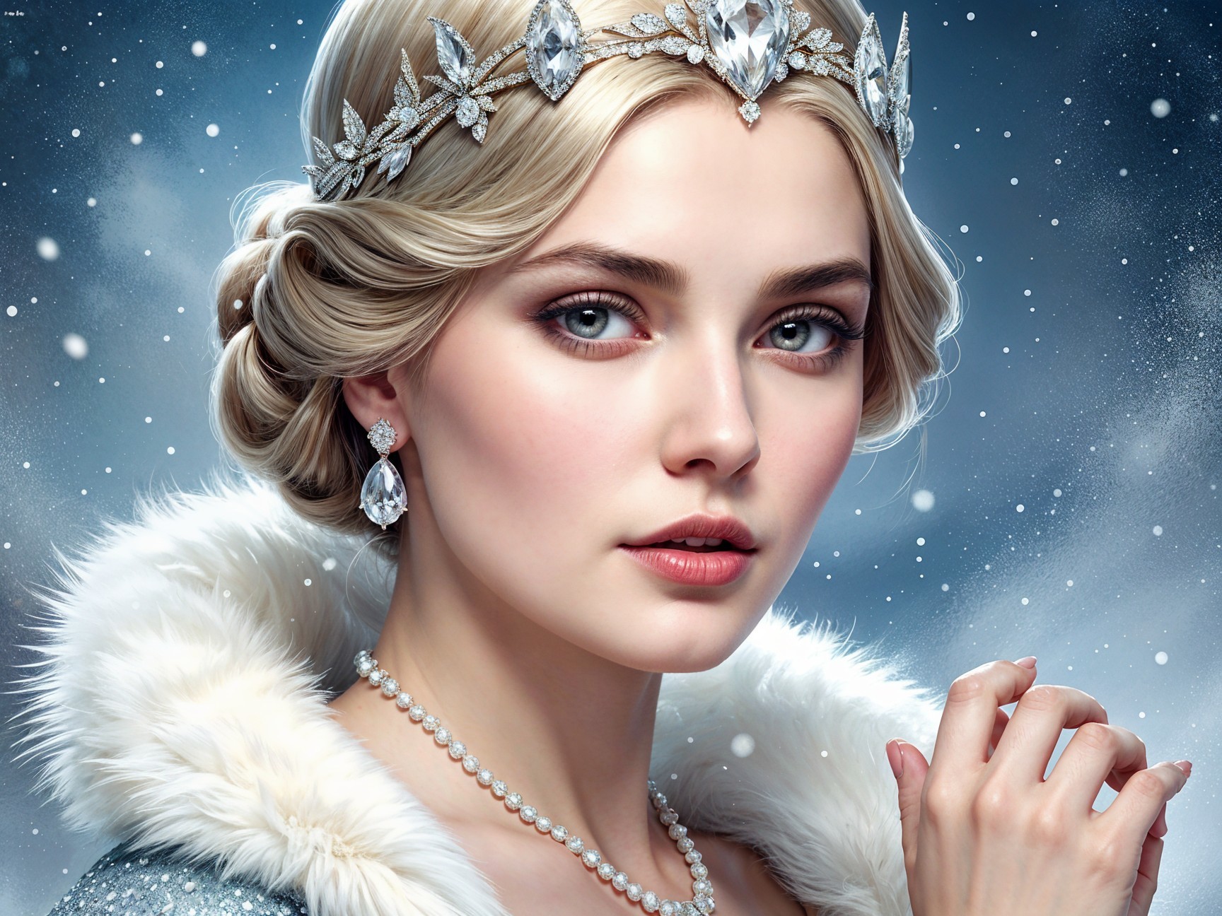 Young woman in fur cloak with blue eyes and tiara