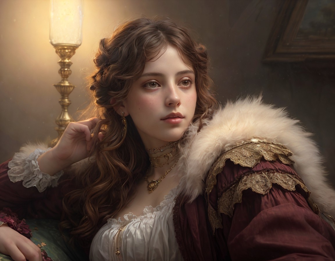 Young woman in vintage garment with fur collar and jewelry