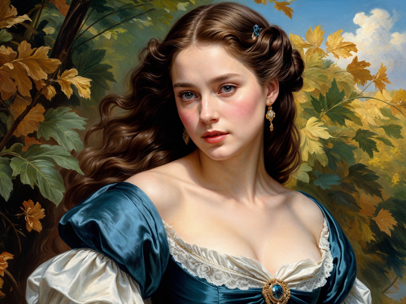 Young woman in blue gown among autumn foliage