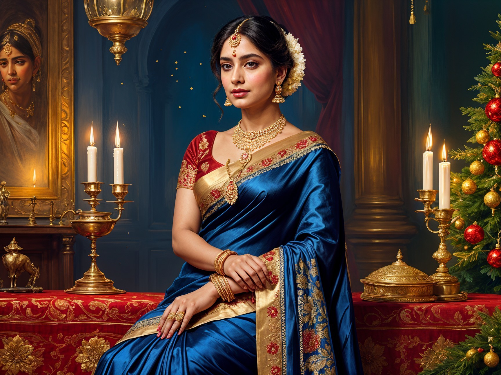 Elegant Woman in Blue Silk Saree with Gold Jewelry