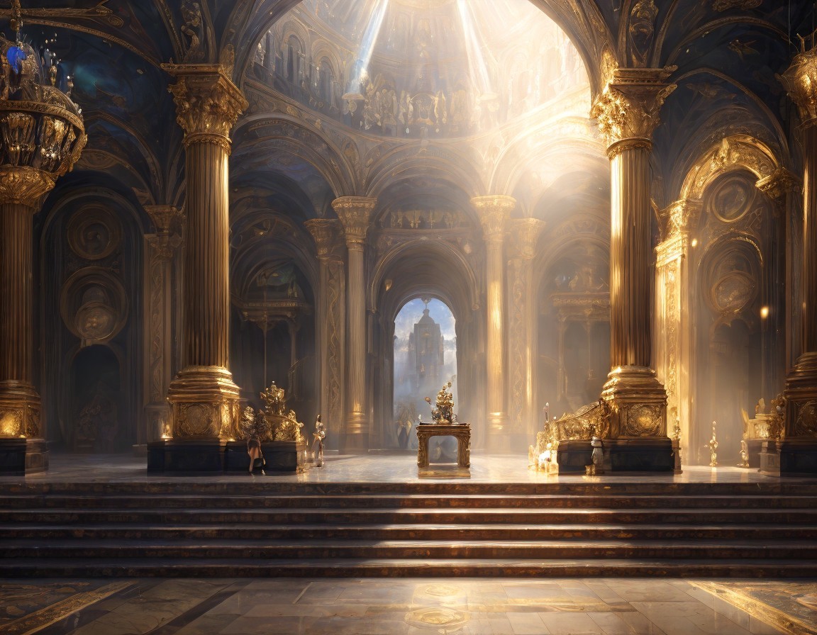 Golden columns and sunlight in ornate cathedral interior