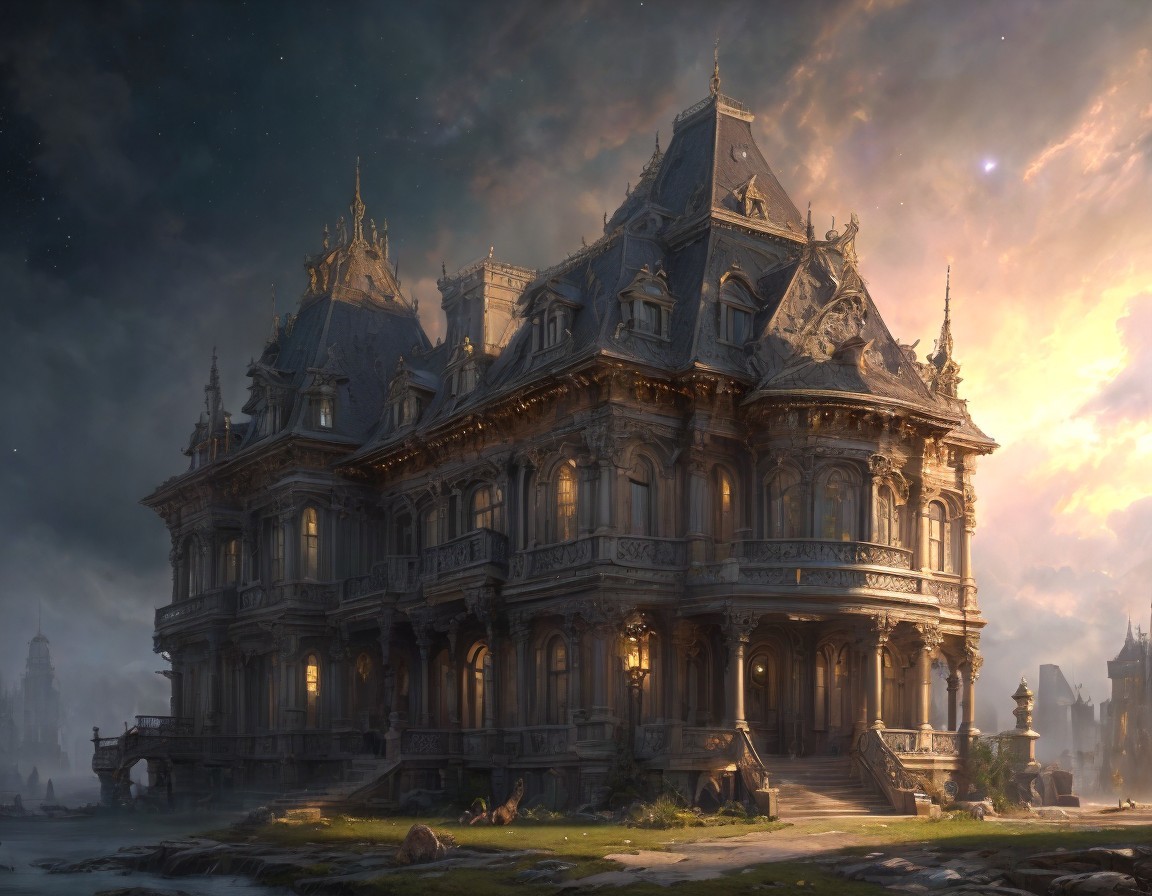 Ornate Fantasy Mansion at Sunset in Serene Landscape
