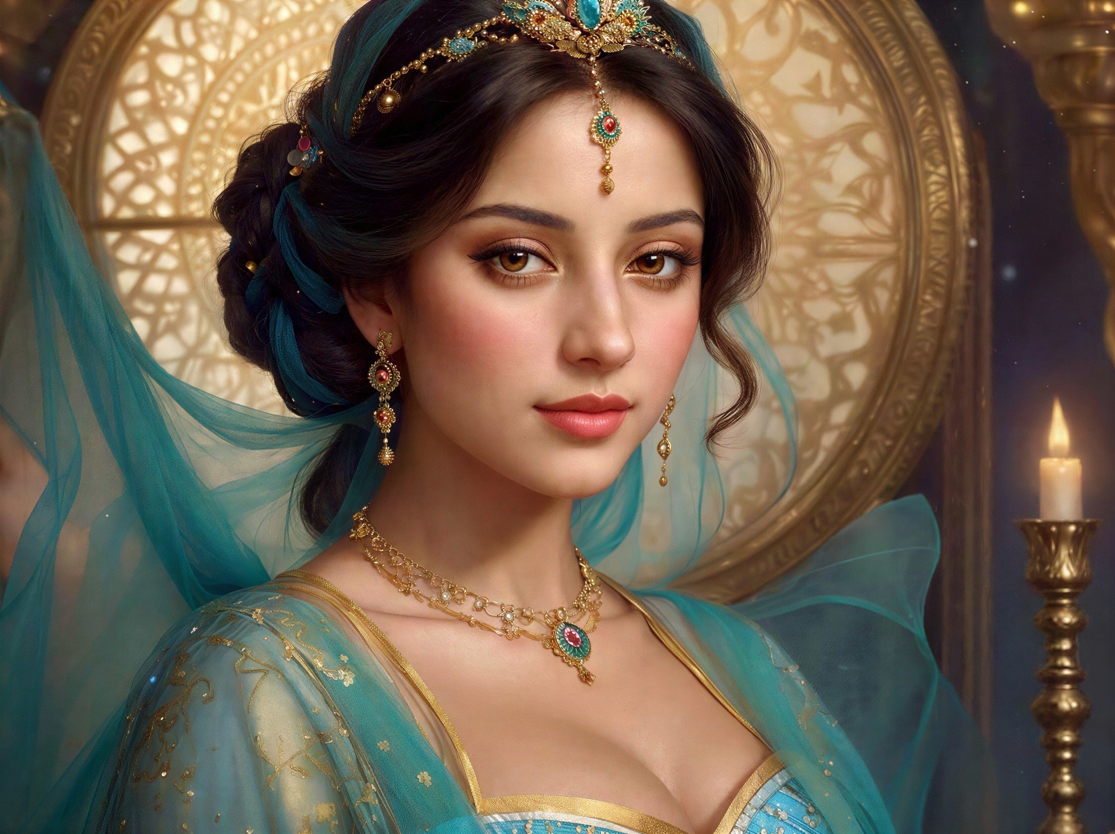 Close-up of a woman in embellished turquoise outfit