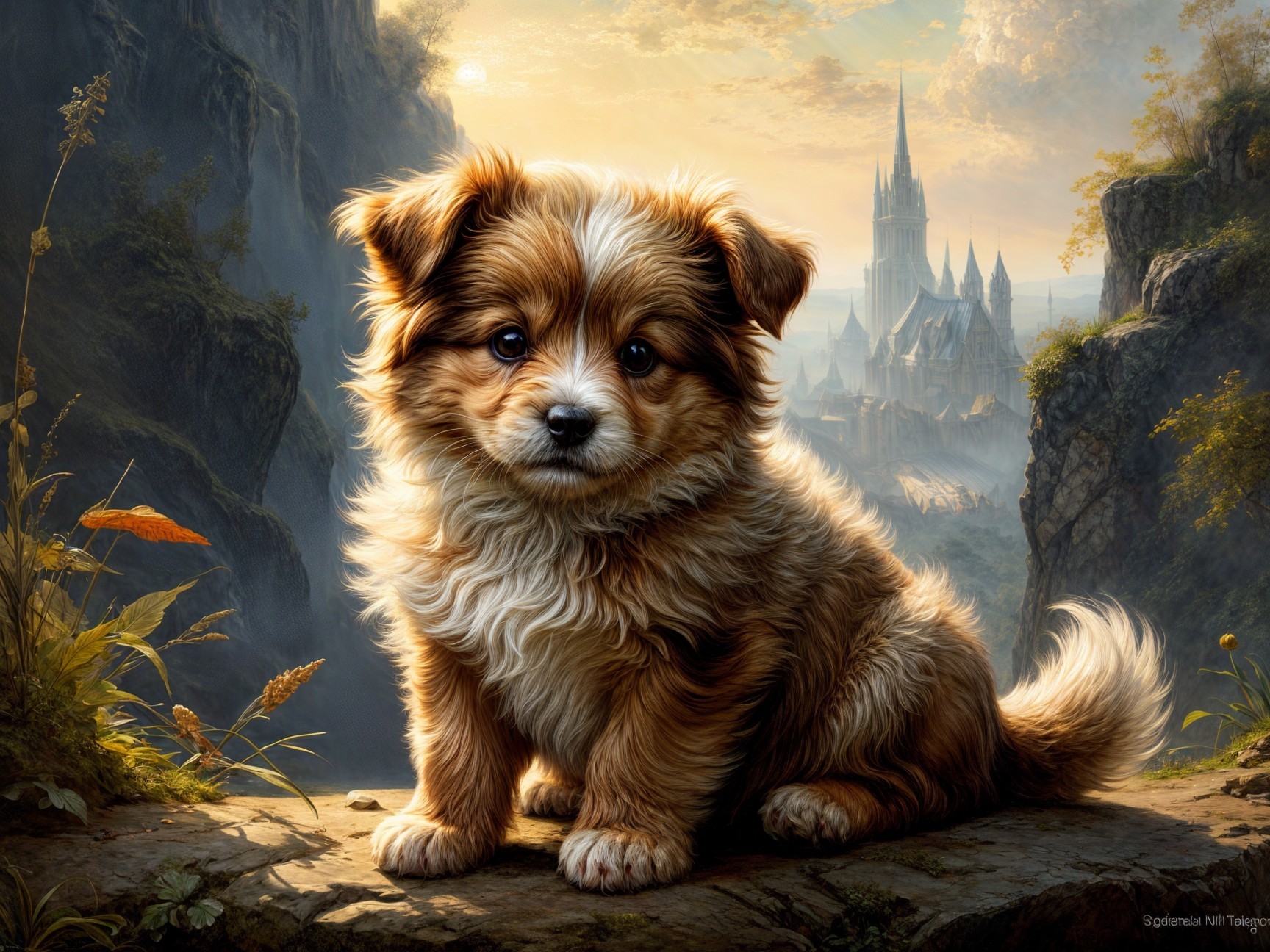 Fluffy Puppy on Rocky Ledge with Mystical Landscape