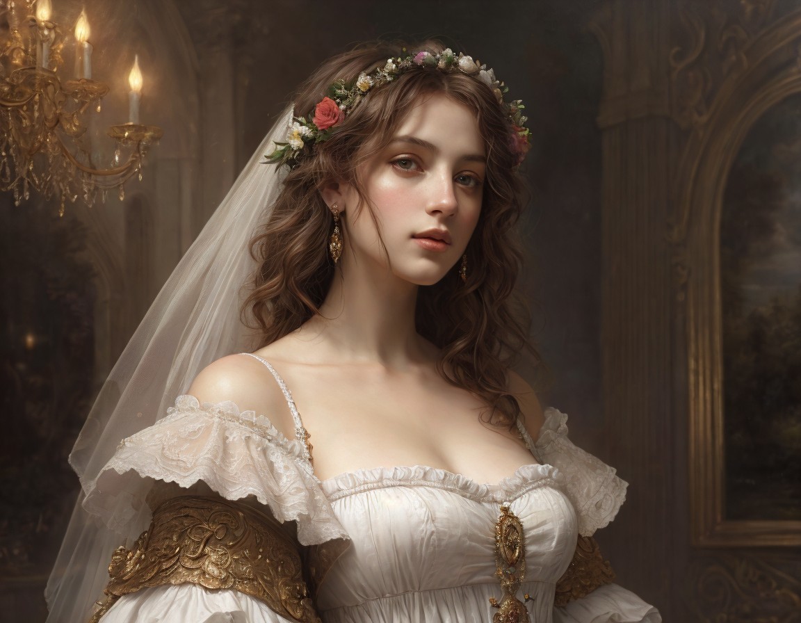Portrait of a Young Woman in Vintage White Gown