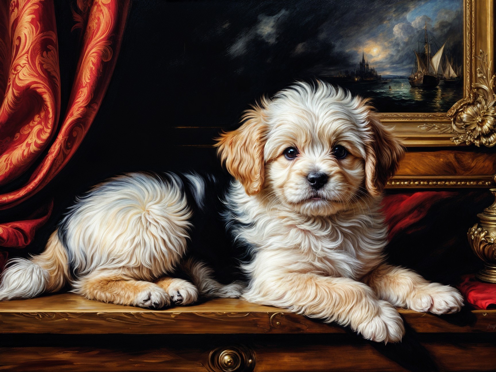 Fluffy Tan and White Puppy on Wooden Surface with Art