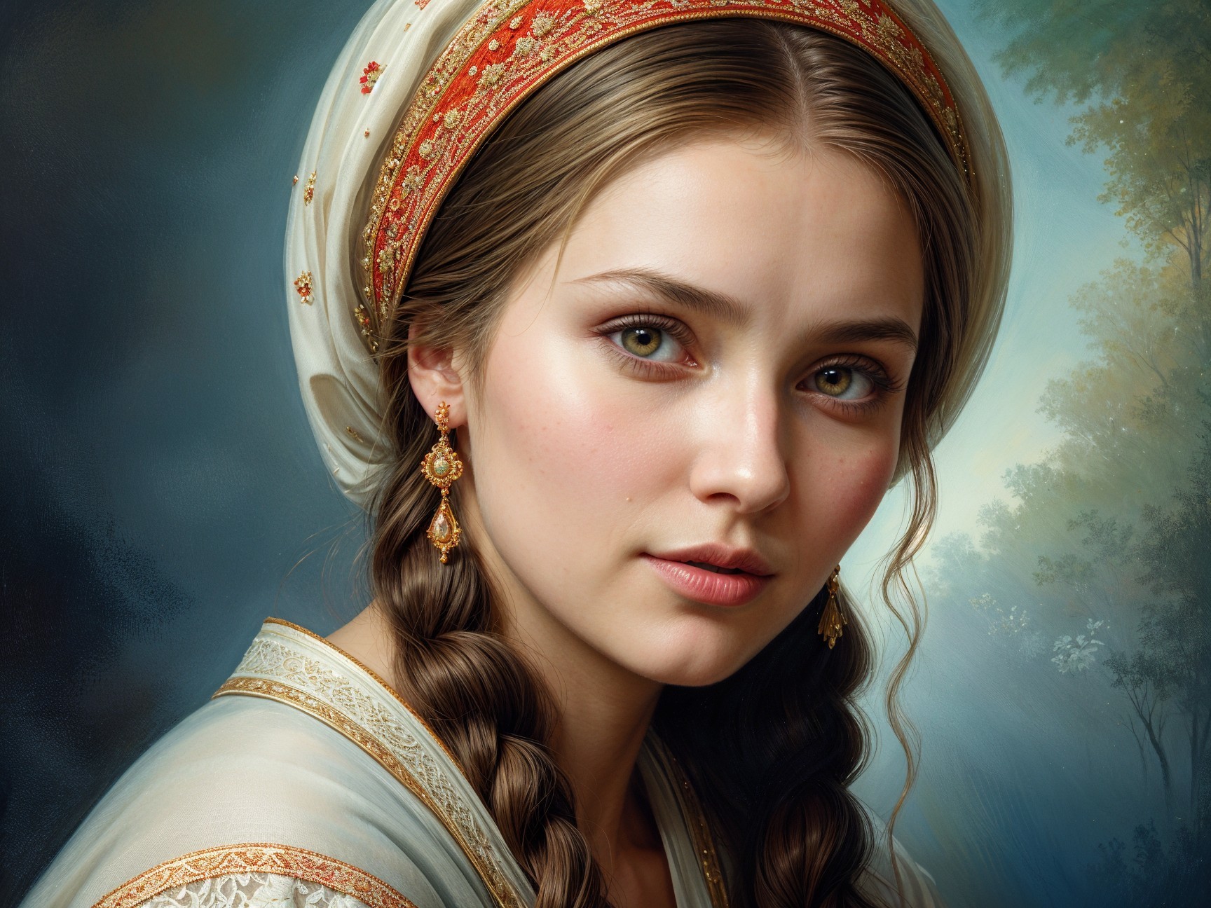 Young woman with braided hair and ornate headpiece
