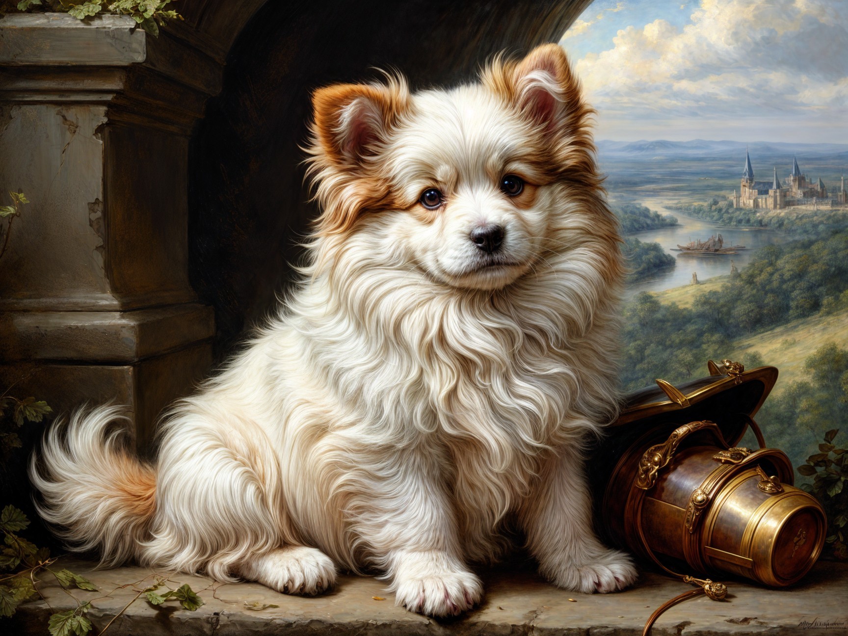 Cream-colored dog with brown accents in serene landscape