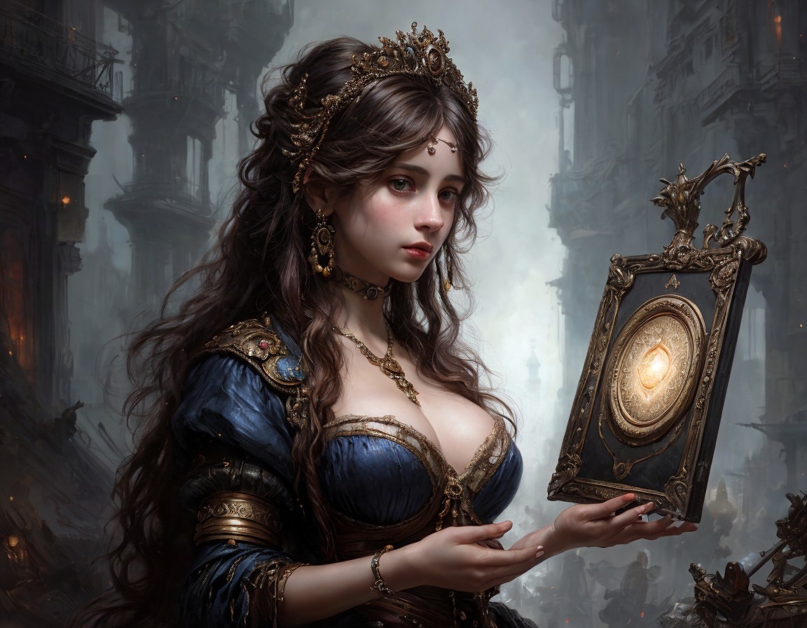 Regal Woman in Blue Gown with Glowing Book in Foggy City