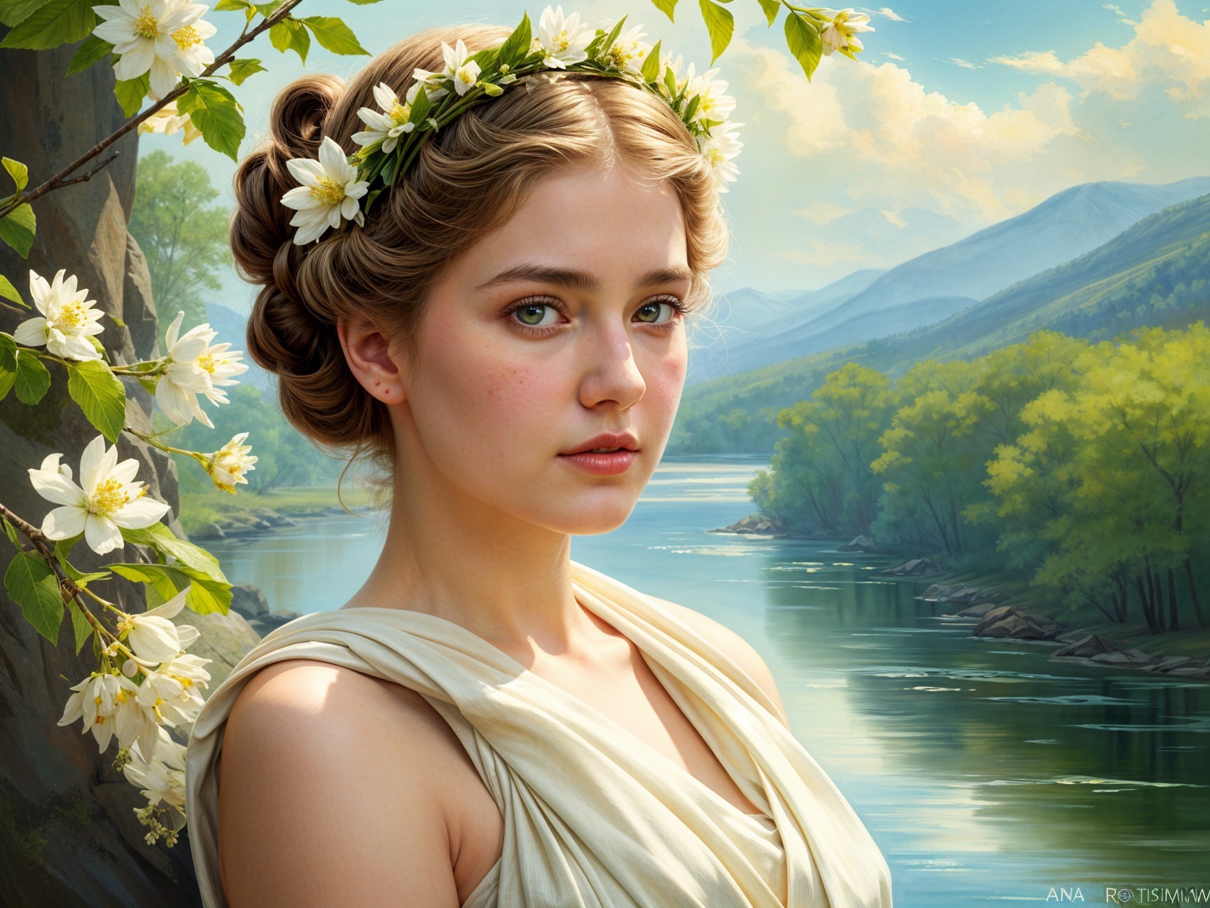 Serene Young Woman in Floral Crown by Calm River