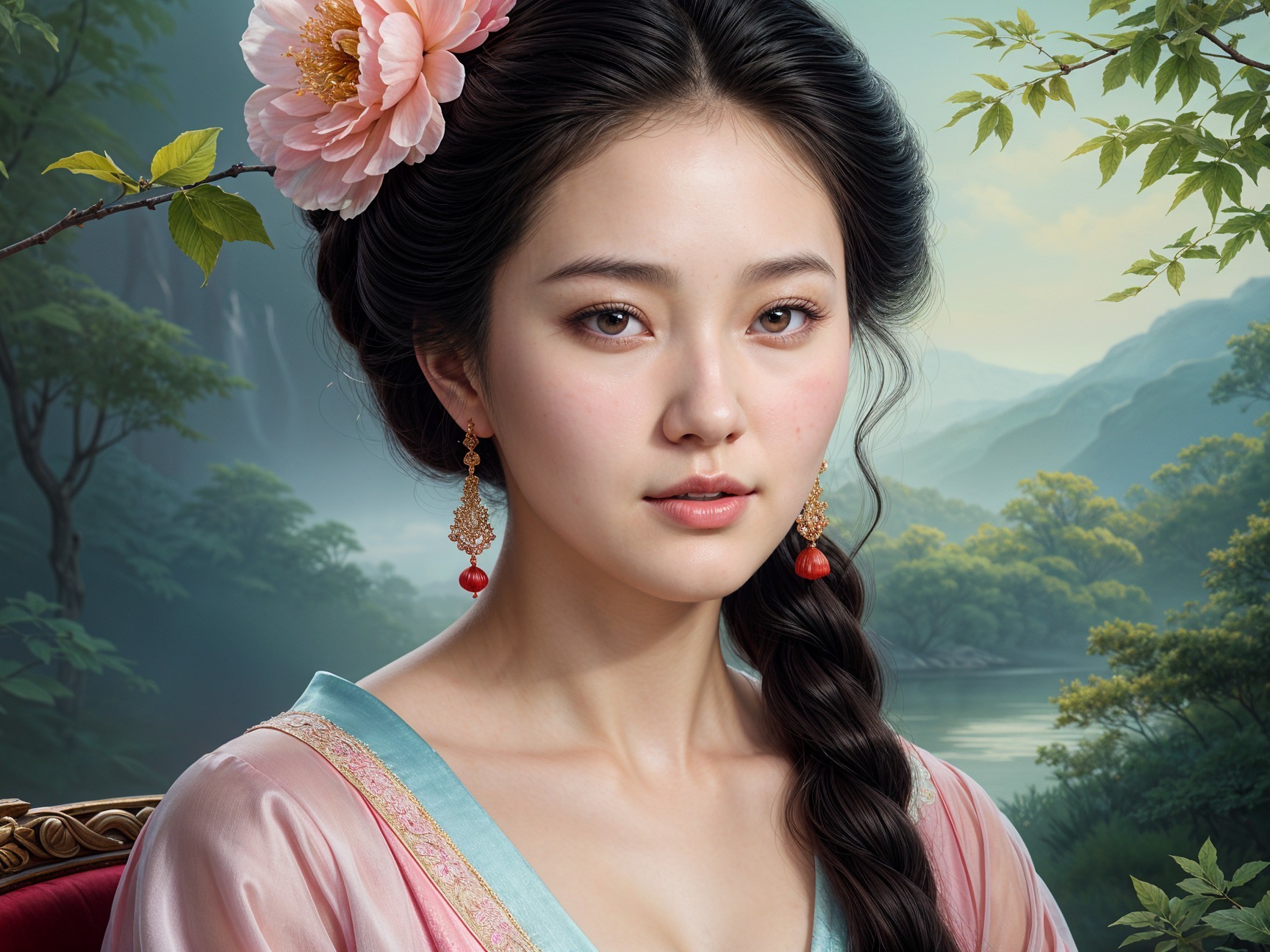 Young Woman in Traditional Attire Against Serene Landscape