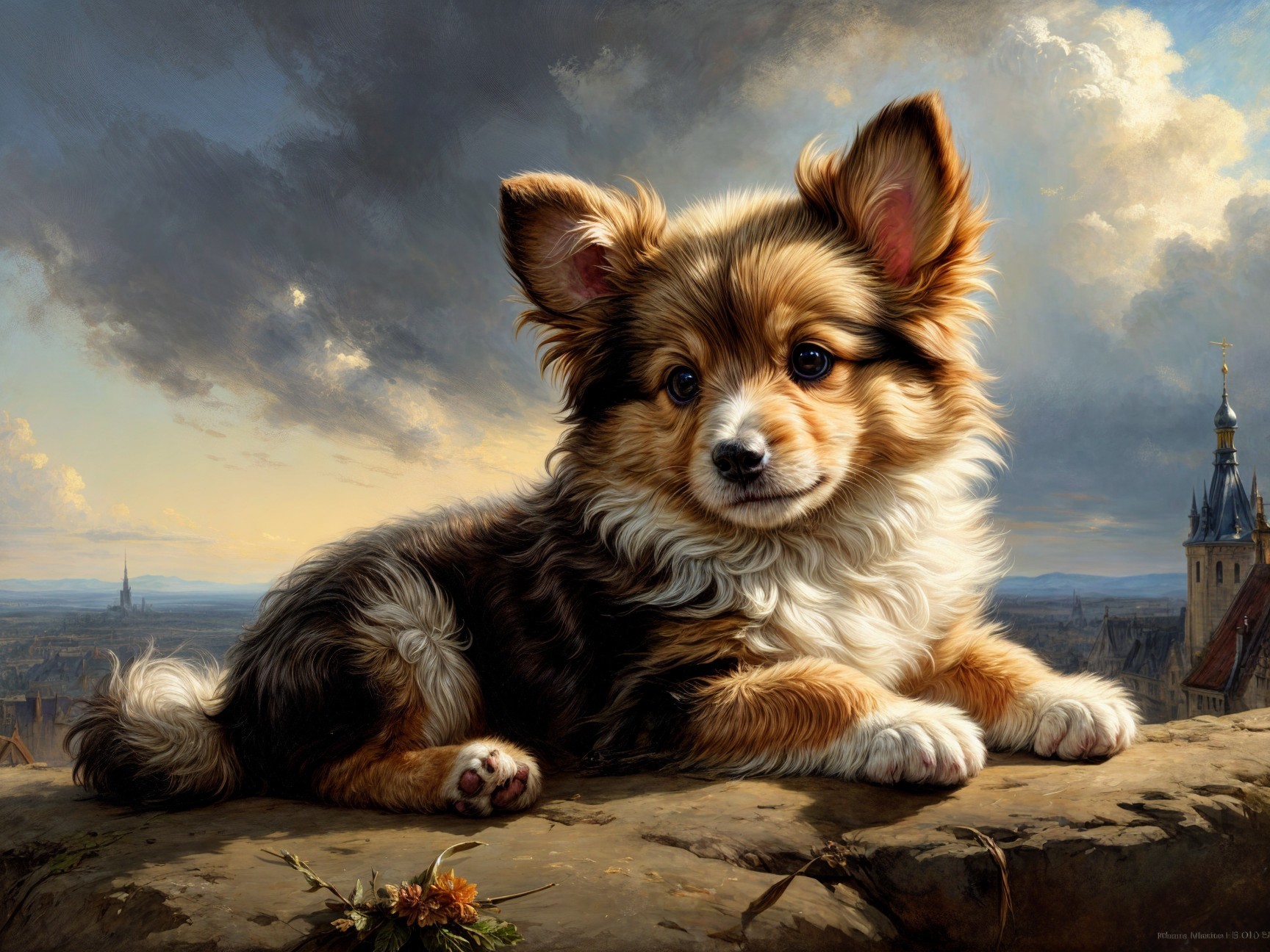 Fluffy Corgi Puppy Resting on Rocky Outcrop