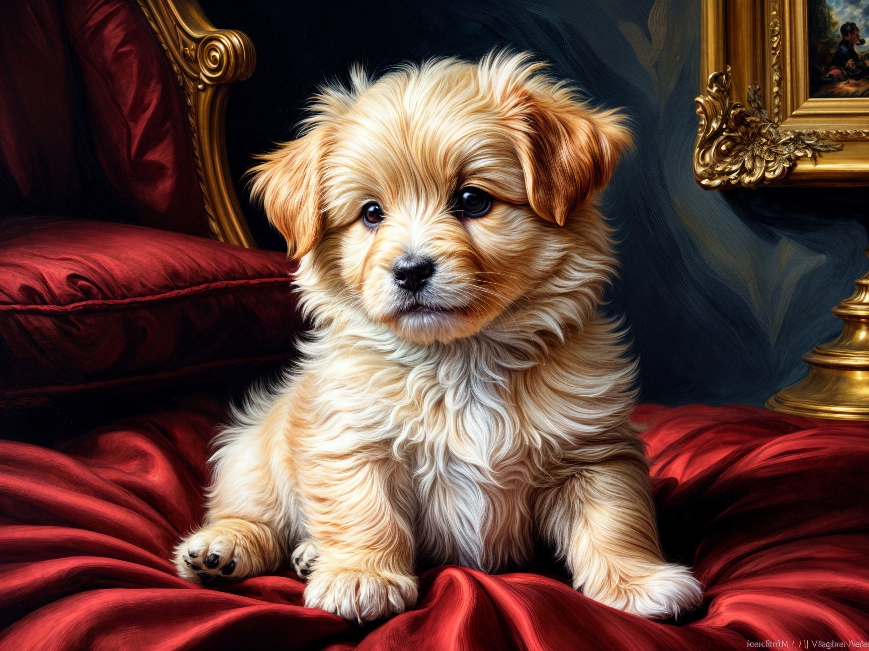 Golden puppy on red velvet cushion with ornate frame